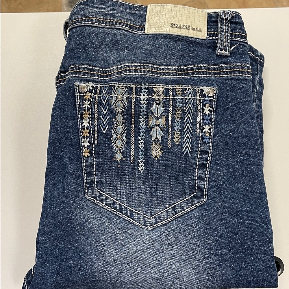 Grace in LA P-Straight Size 20 Bootcut Jeans Embroidered Beaded Denim Blue EUC
